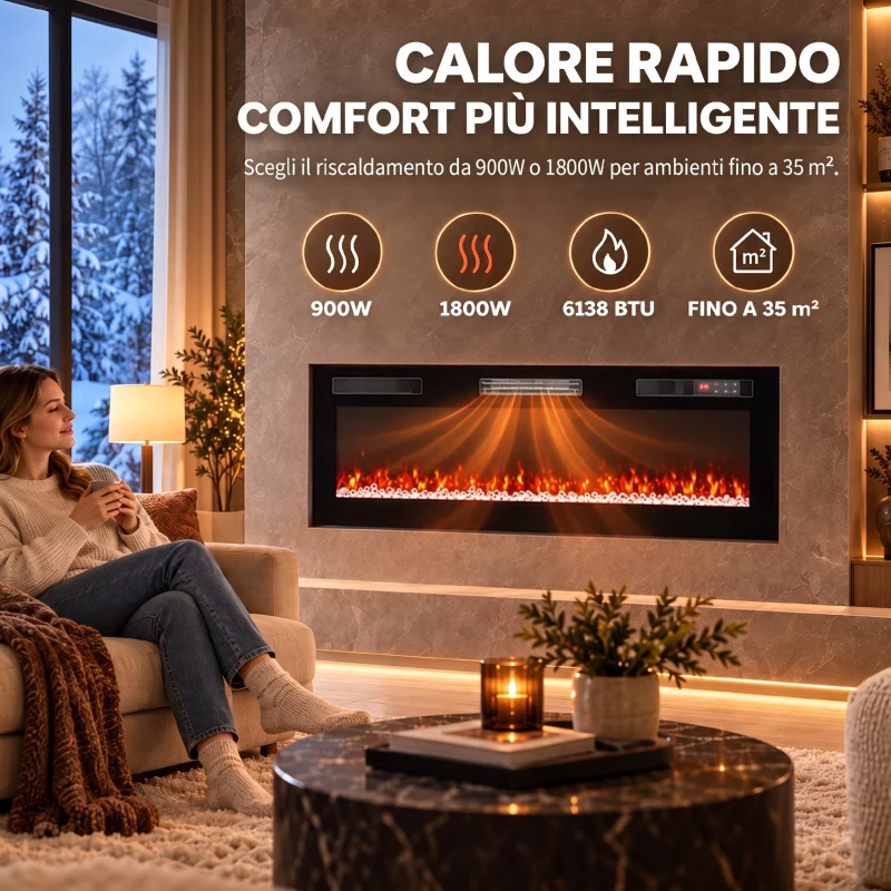 HOMCOM 127 cm Camino Elettrico da Incasso/Parete/Terra Ultrasottile 8.3 cm con Telecomando, 900/1800W, Timer, 35㎡ Nero