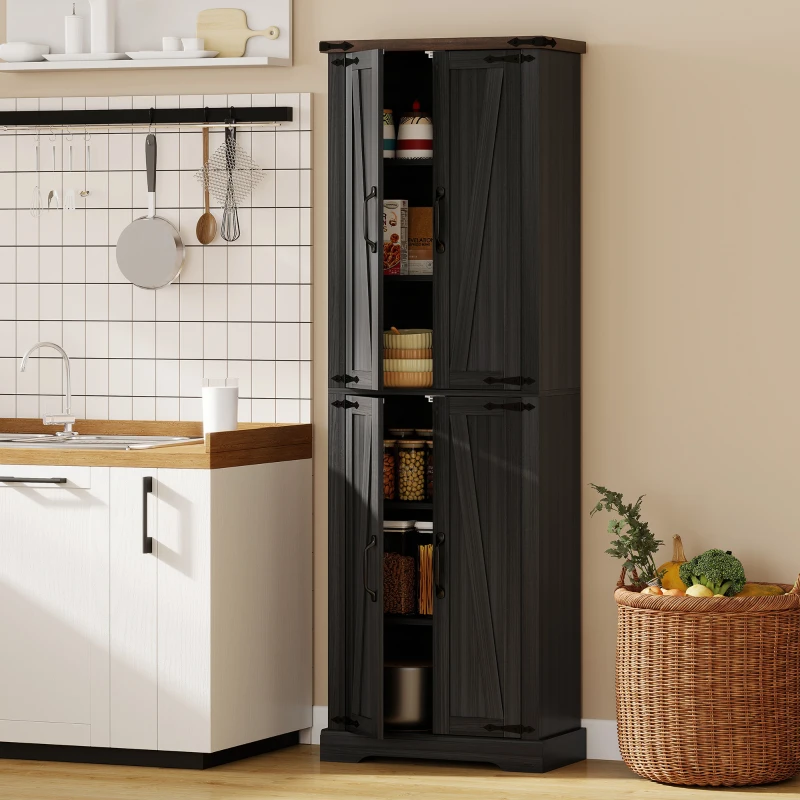 HOMCOM Credenza Cucina Alta Rustica, Mobile Dispensa con 4 Ante, Ripiani Regolabili, 60.2x30.3x182 cm, Nero