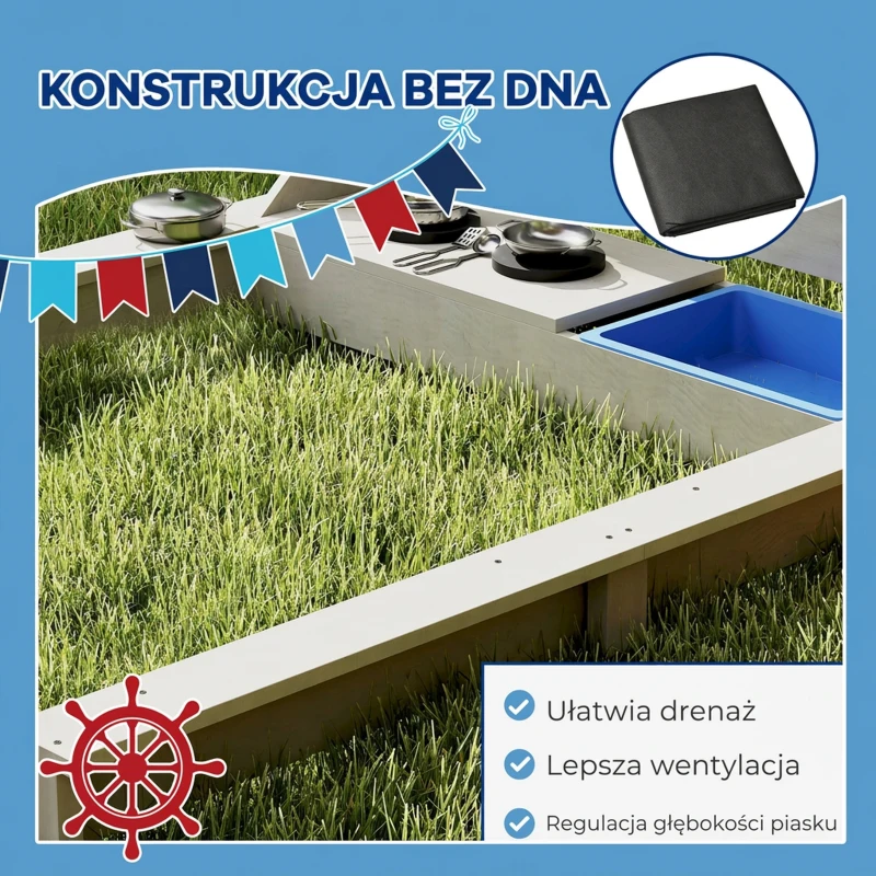 Drewniany piaskownica w kształcie statku z pokrywą i zestawem kuchennym