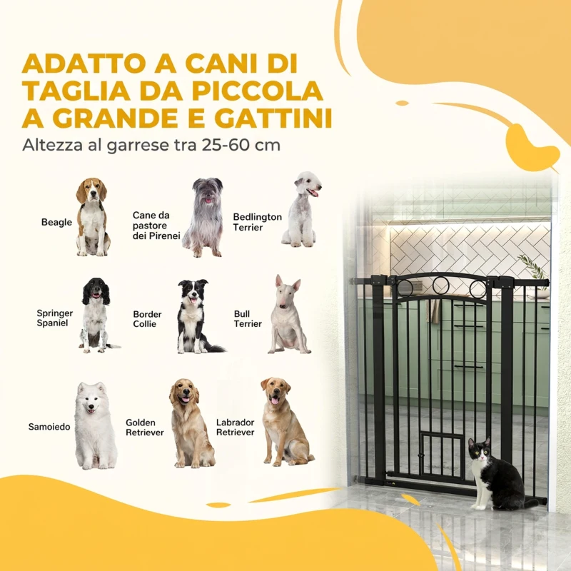 PawHut Cancelletto per Cani da Interno, Cancelletto di Sicurezza con 2 Estensioni 76-104 cm e Porta per Gatti