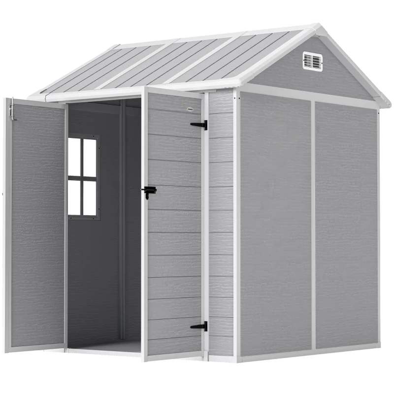 Outsunny 6 x 6ft Garden Shed with Floor, Window, Lockable Doors and Vents, Wood Effect Resin Tool Shed for Outdoor Patio, Grey