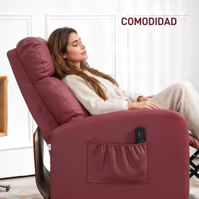 HOMCOM Sillón de Masaje Reclinable con Mando a Distancia Bolsillo Lateral y Temporizador Tapizado en PU 68x88x98cm Rojo Burdeos