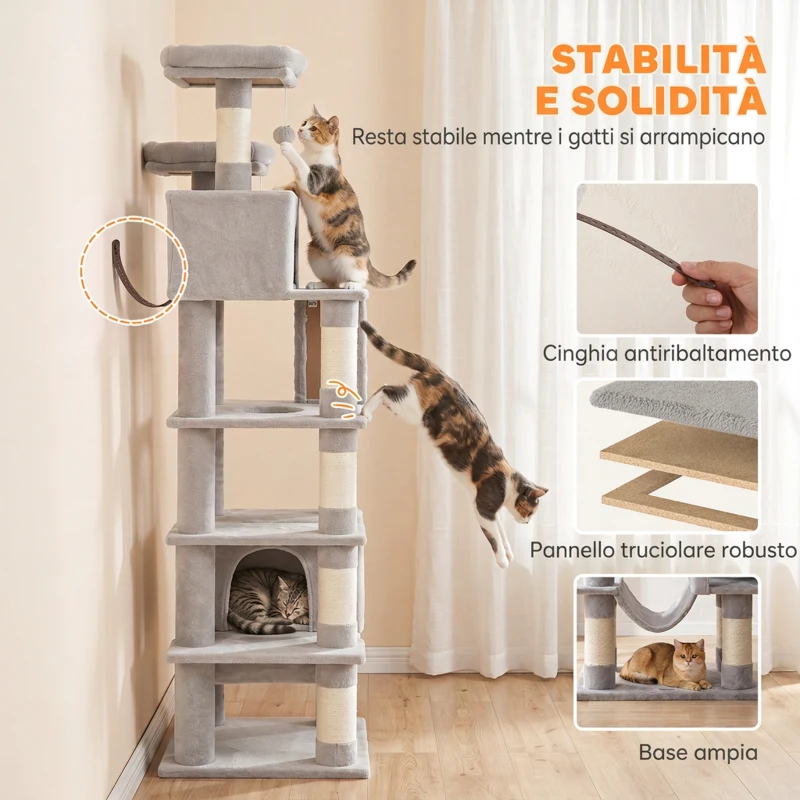 PawHut Tiragraffi per Gatti Grande Alto 204cm Multilivello, 8 Pali Graffiatoi in Sisal, 2 Grotte, Amaca, Grigio Chiaro
