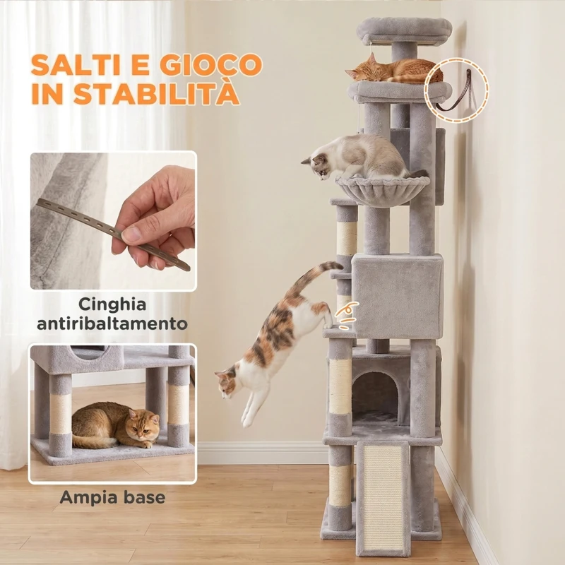 PawHut Albero Tiragraffi per Gatti Alto 200 cm con 6 Pali Graffiatoi in Sisal, 2 Cucce, 3 Casette, Amaca, Grigio Chiaro