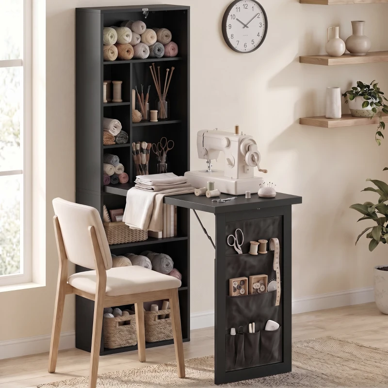 HOMCOM Scrivania con Libreria e Borsa Laterale in Tessuto, Tavolo da Lavoro per Studio Ufficio, 98x51x153 cm, Nero