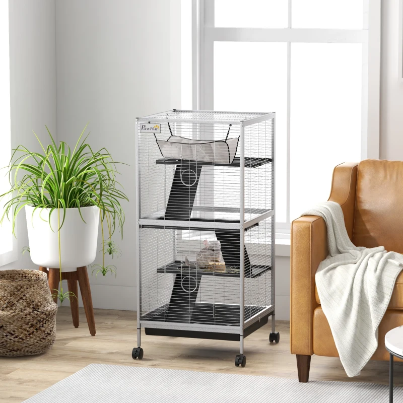 PawHut Jaula para Animales Pequeños con Ruedas 2 Puertas 3 Rampas Hamaca Colgante y Bandeja Extraíble 52x52x113,5cm Gris