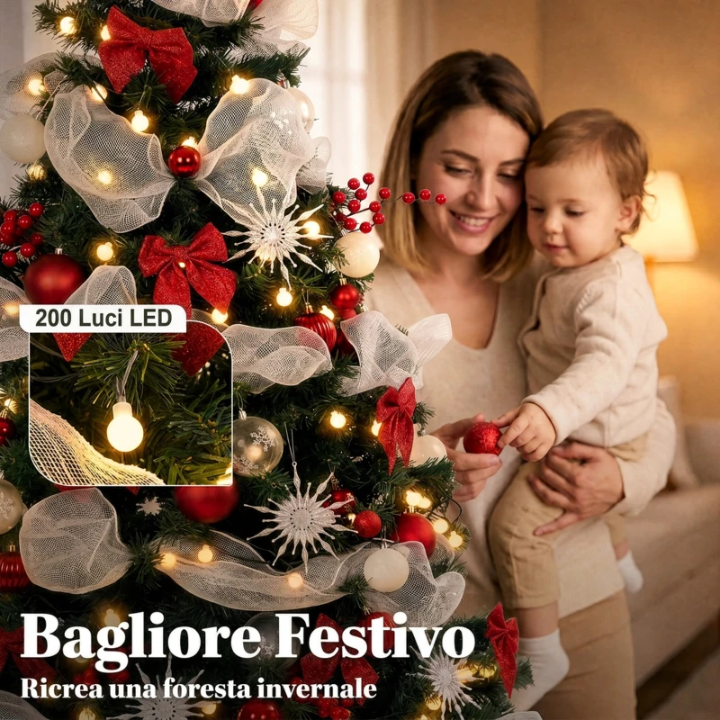 HOMCOM Albero Natale Folto 180cm con 200 Luci LED, Telecomando, 8 Modalità, 800 Rami, Palline, Nastri, Fiocchi