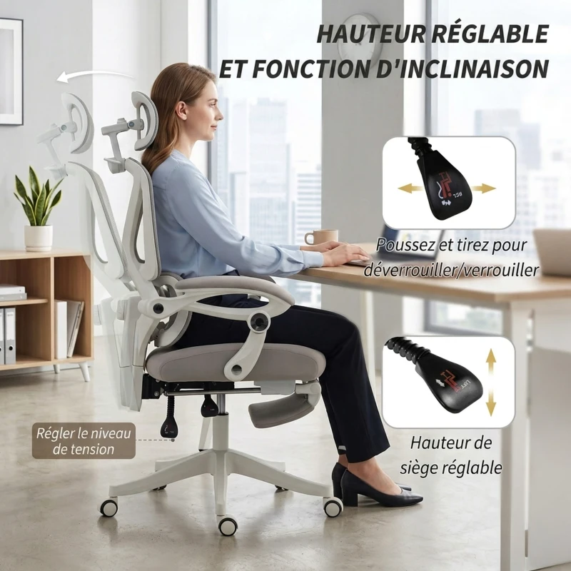 HOMCOM Chaise Bureau Ergonomique avec Appui-Tête Réglable, Fauteuil de Bureau Inclinable en Maille, Dossier Séparé, Gris