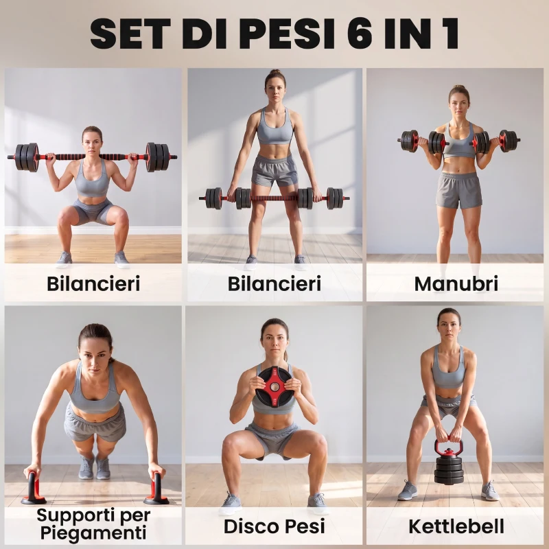 SPORTNOW Set Manubri Regolabili 5 in 1 da 25kg Totali, Set Pesi Palestra Utilizzabile come Kettlebell, Nero e Rosso