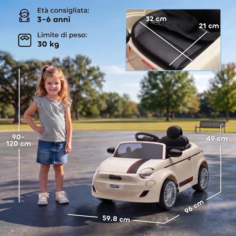 AIYAPLAY Macchina Elettrica per Bambini 12V Fiat 500, Batteria al Litio, 2 Motori, Telecomando, 3-6 Anni, Crema