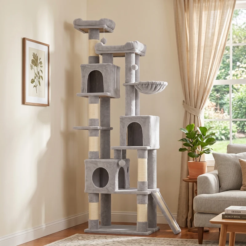 PawHut Albero Tiragraffi per Gatti Alto 200 cm con 6 Pali Graffiatoi in Sisal, 2 Cucce, 3 Casette, Amaca, Grigio Chiaro
