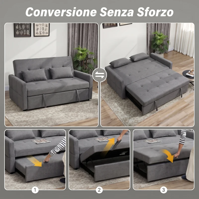 HOMCOM Divano Letto 2 Posti 3 in 1 in Lino con 2 Cuscini, Estraibile Clic Clac Reclinabile, Seduta Imbottita, Grigio