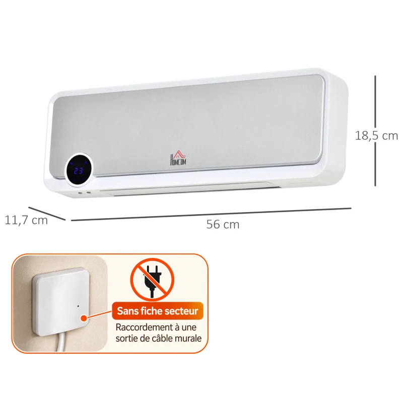 HOMCOM Radiateur mural soufflant oscillant 2000 W - chauffage céramique PTC - 3 niveaux puissance incluse blanc argenté