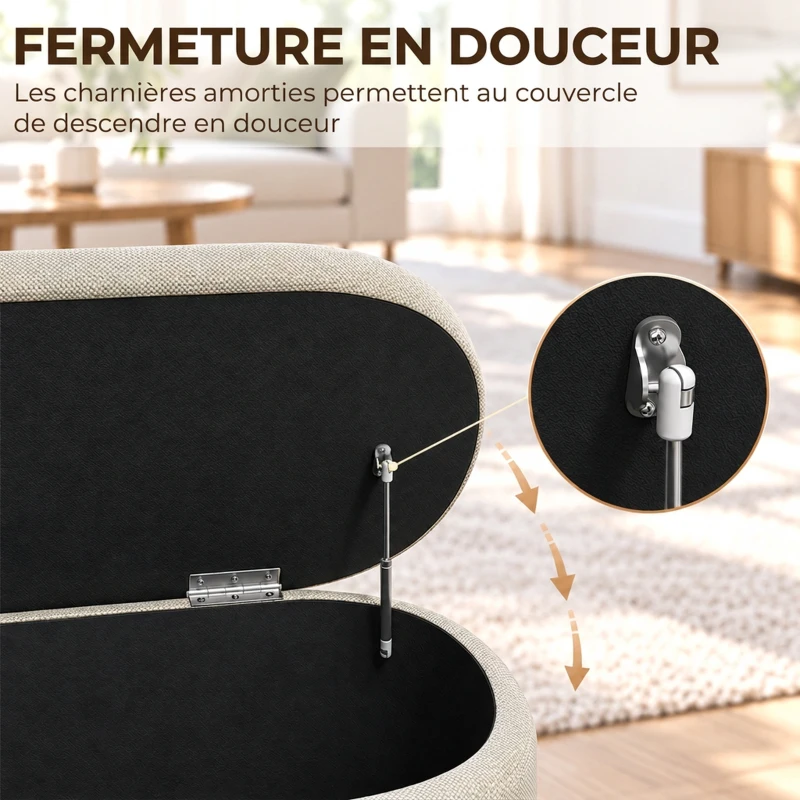 HOMCOM Pouf Coffre Rangement 116 cm, Tabouret Ottoman Moderne en Tissu Effet Lin avec Charnière de Sécurité, Gris