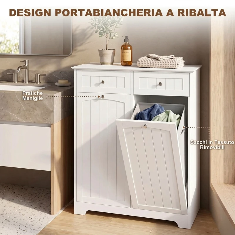 HOMCOM Mobile Bagno Basso, Mobiletto Bagno Salvaspazio con 2 Cassetti e 2 Cesti Portabiancheria, 78x38x90 cm, Bianco