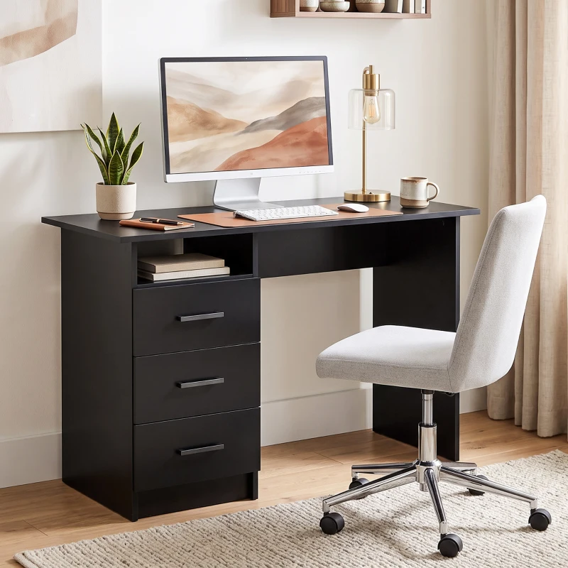 HOMCOM Scrivania Salvaspazio con 3 Cassetti, Ripiano Aperto, Scrivania Ufficio, Moderna, 100x40x75 cm, Nero