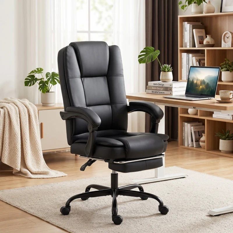 HOMCOM Sedia da Ufficio Ergonomica e Reclinabile 150° con Poggiapiedi, in Cotone e Metallo, 65x67x112-122 cm, Nero