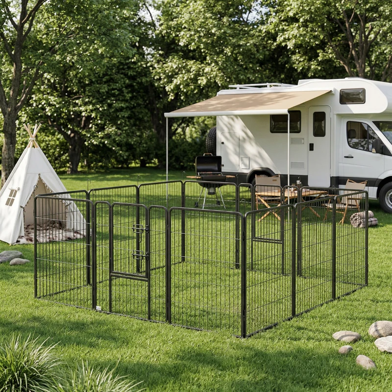 PawHut Recinto per Cani a 12 Pannelli Modulabili da 80x100 cm, Pieghevole con Porta in Acciaio e 12 Picchetti, Grigio