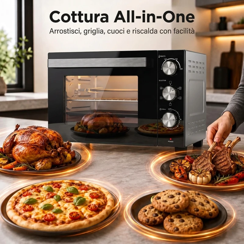 HOMCOM Forno Elettrico 1500W 28L con Temperatura Regolabile Max 230°, Timer 60 min, Griglia, Teglia, Manico per Teglia