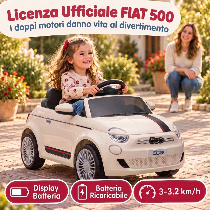 AIYAPLAY Macchina Elettrica per Bambini 12V Fiat 500, Batteria al Litio, 2 Motori, Telecomando, 3-6 Anni, Crema