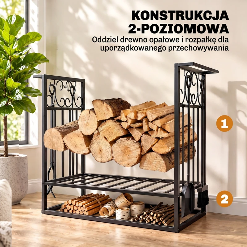 Stojak na drewno kominkowe HOMCOM z akcesoriami, regał na drewno, podstawka na drewno kominkowe, narzędzia kominkowe, Stal Czarny 75 x 30 x 60 cm
