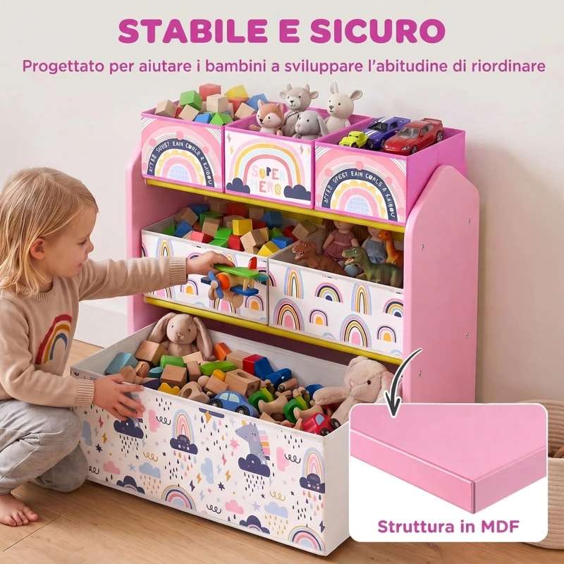 AIYAPLAY Scaffale Portagiochi Bambini a 3 Livelli con 6 Contenitori, Tema Ragazza Rosa, per Cameretta e Sala Giochi