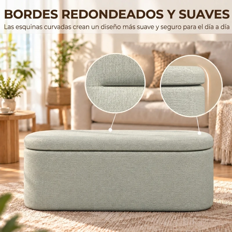 HOMCOM Banco de Almacenaje Puff Almacenaje Tapizado en Lino Tapa Cierre Suave Diseño Ovalado Carga 220 kg 116x42x44 cm Gris