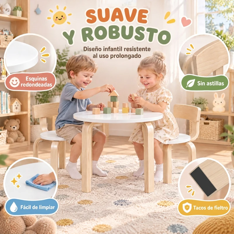AIYAPLAY Mesa Infantil con 2 Sillas Apilables 3 Piezas Mesa Redonda Juego de Madera Niños 3-8 Años para Guardería Aulas Blanco