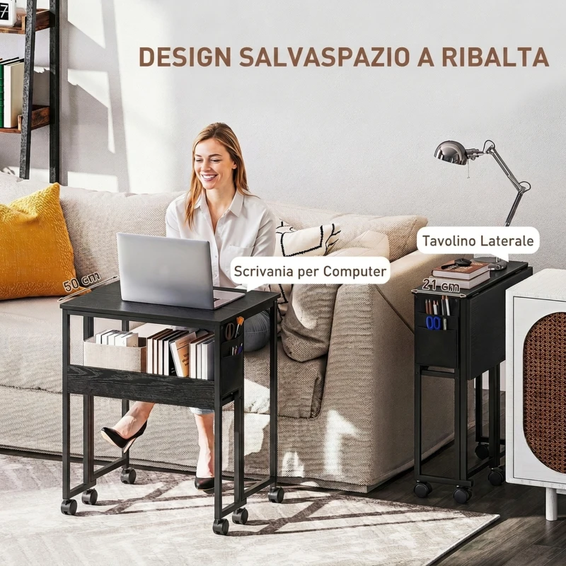 HOMCOM Scrivania Salvaspazio Pieghevole a Ribalta, 63x50x75 cm Scrivania Piccola con Ruote a Freno, Nero