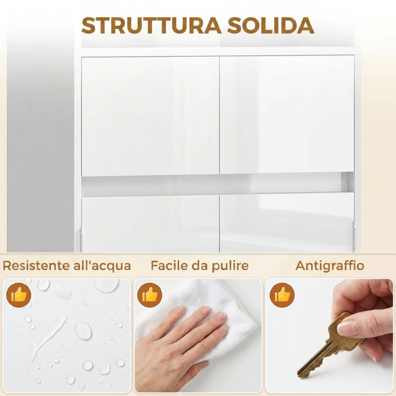 HOMCOM Mobile Bagno Alto Slim 170cm, Mobiletto Bagno Salvaspazio con 2 Armadietti con Ante, 60x30x170 cm, Bianco Lucido