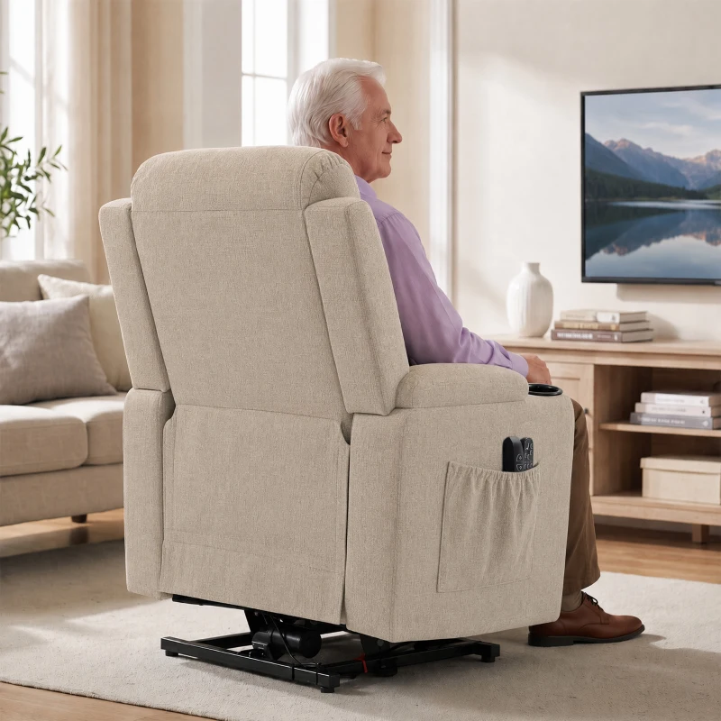 HOMCOM Riser Recliner Chair with Massage and Heat, Linen Electric Lift Armchair for Elderly with Spring Cushion, Beige