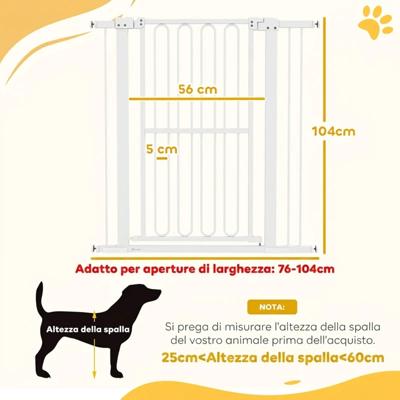 PawHut Cancelletto di Sicurezza per Cani Estensibile 76-104cm, Alto 104cm, Cancellino Cani Taglia Grande, Bianco