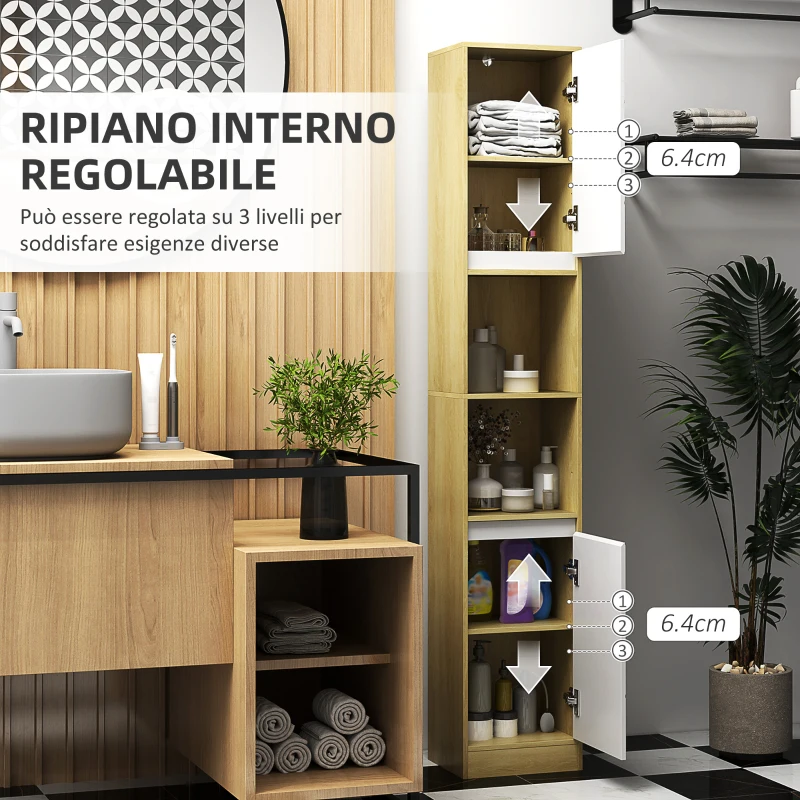 HOMCOM Mobile Colonna Bagno Salvaspazio in Legno con 2 Armadietti e Ripiani, 30x24x170 cm, Rovere e Bianco