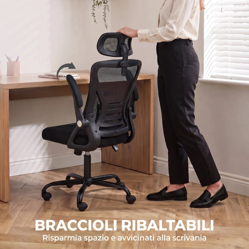 HOMCOM Sedia Ufficio Ergonomica con Braccioli Ribaltabili, Poggiatesta e Altezza Regolabili, in Rete Traspirante, Nero