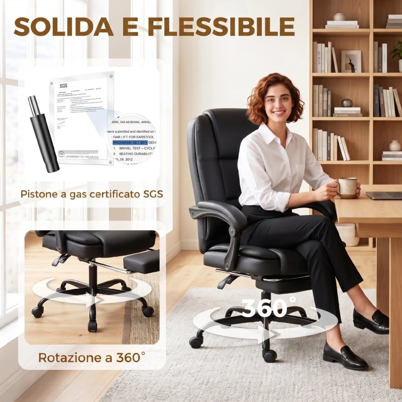 HOMCOM Sedia da Ufficio Ergonomica e Reclinabile 150° con Poggiapiedi, in Cotone e Metallo, 65x67x112-122 cm, Nero