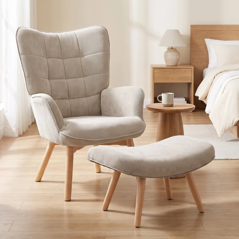 HOMCOM Fauteuil de Salon avec Repose-Pied, Fauteuil d'Appoint Capitonné en Velours Côtelé, Dossier Haut et Accoudoirs, Marron