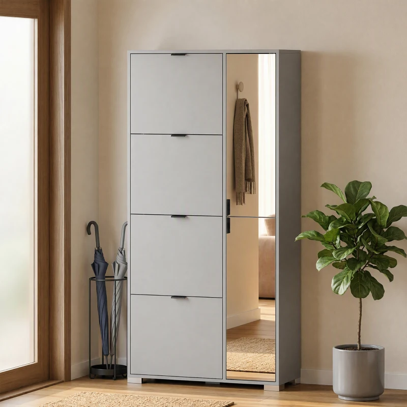 HOMCOM Scarpiera Salvaspazio Slim Alta con 2 Ante a Specchio e 4 Ante a Ribalta, 2 Armadietti, 82x30x168 cm, Grigio