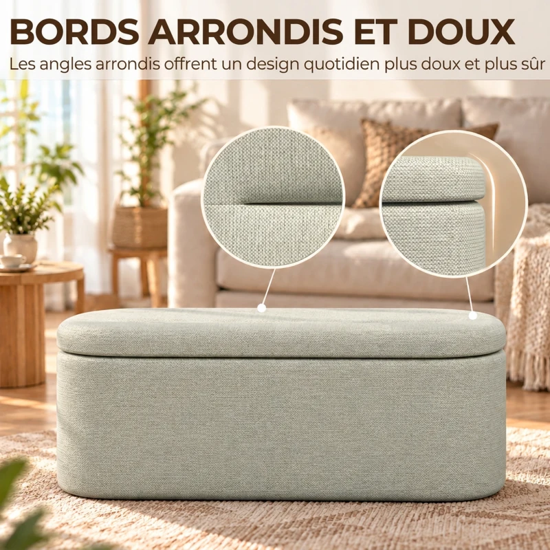 HOMCOM Pouf Coffre Rangement 116 cm, Tabouret Ottoman Moderne en Tissu Effet Lin avec Charnière de Sécurité, Gris