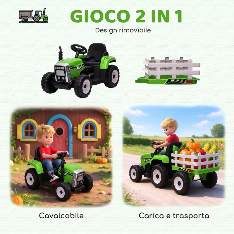 HOMCOM Trattore Elettrico per Bambini 3-6 Anni con Rimorchio Rimovibile, Batteria 12V e Telecomando, Verde