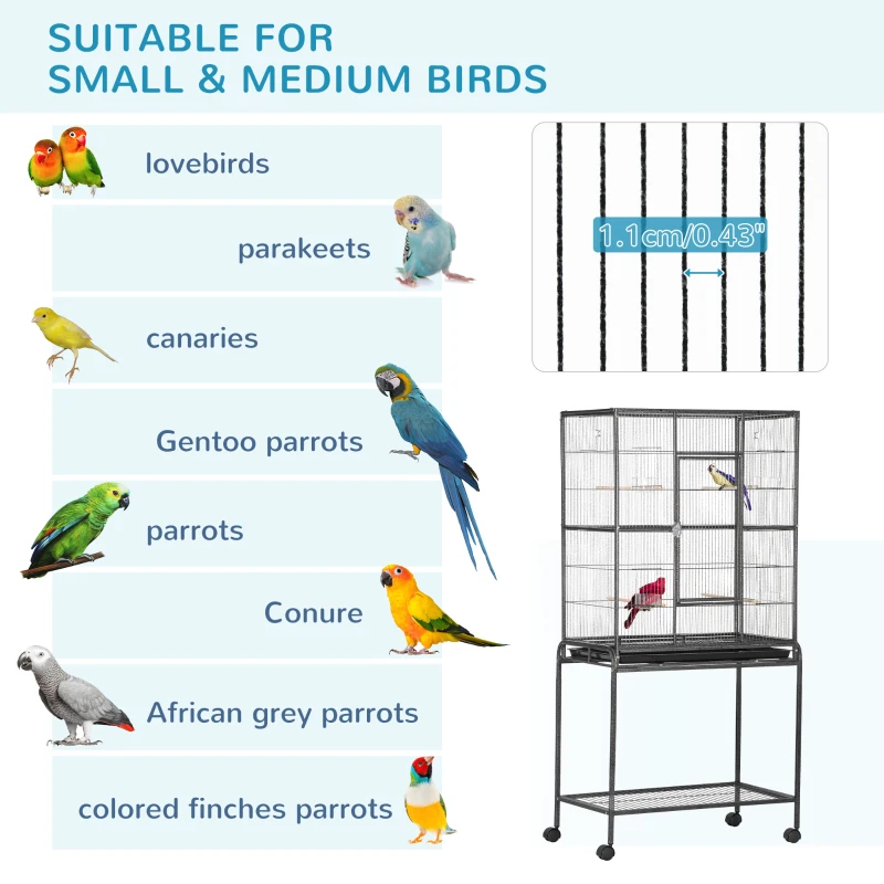 PawHut Large Bird Cage Budgie Cage with Stand, Storage Shelf, Wood Perch for Parrot, 81 x 48 x 162.5 cm, Black