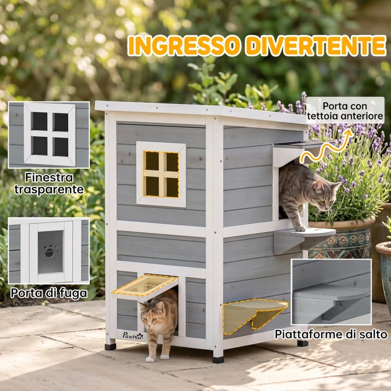 PawHut Cuccia per Gatti in Legno Impermeabile a 2 Piani, Casetta per Animali da Esterno con Tetto Apribile