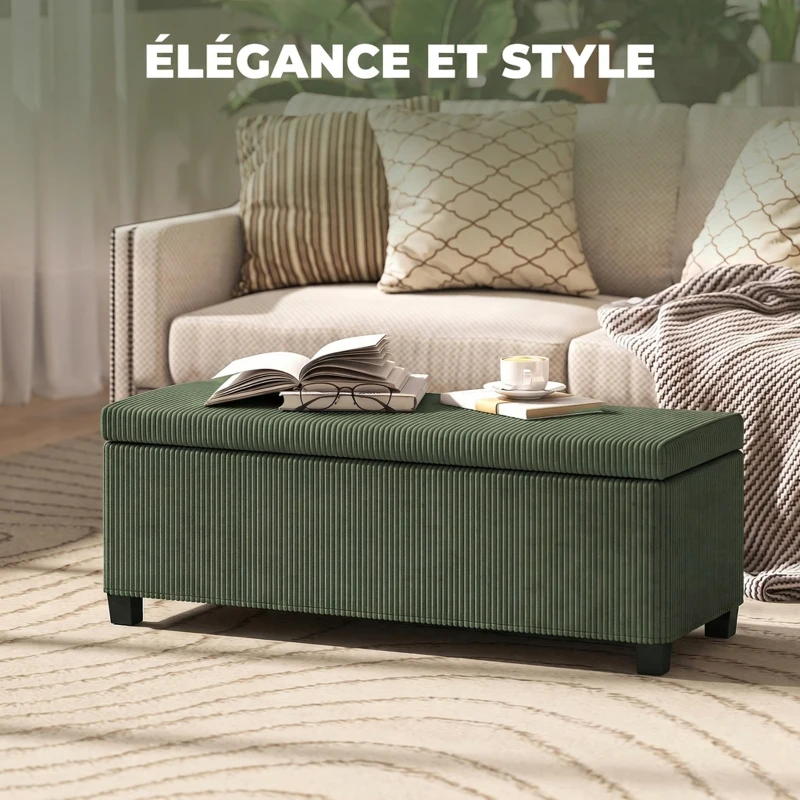 HOMCOM Banc de Rangement, Bout de Lit en Velours Côtelé avec Couvercle, pour Salon, Chambre, Entrée, 112x42x40 cm, Vert Clair