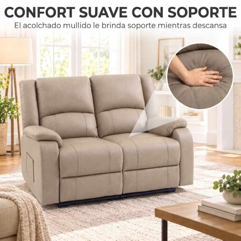 HOMCOM Sillón 2 Plazas Relax Reclinable Manual Ajuste Separado hasta 155º Sillón Relax de PU Reposapiés y Asiento Amplio Caqui