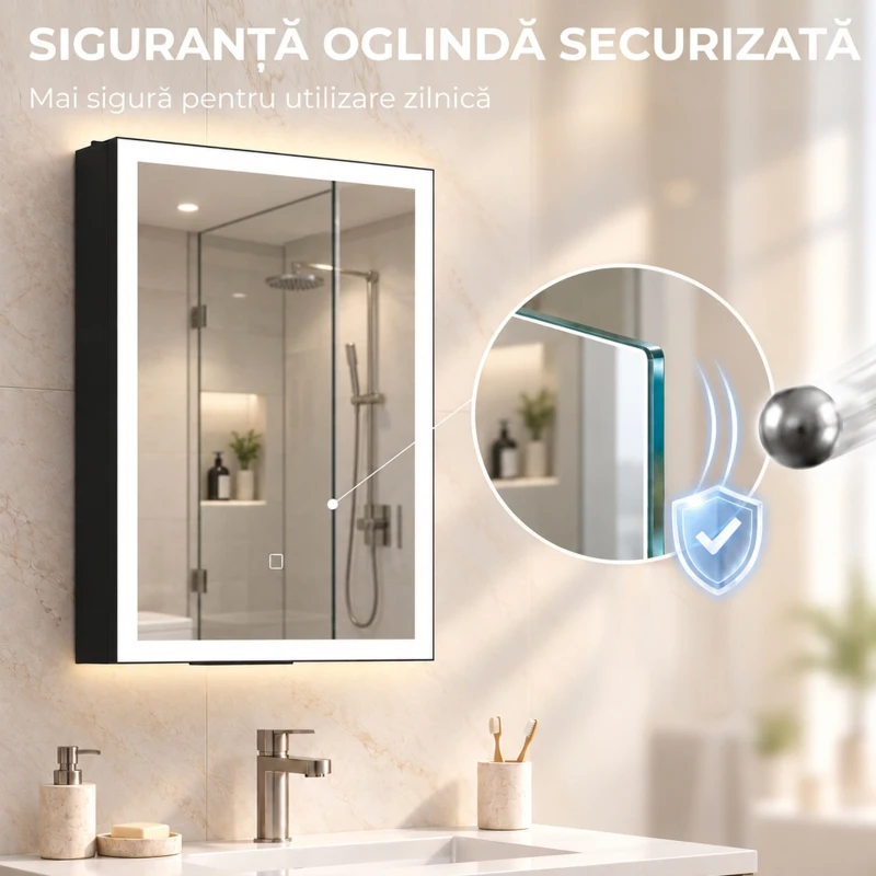 HOMCOM Dulap de Baie cu Oglindă și LED, 3 Culori, 50x70 cm, Soft-Close, Priză, Rafturi Reglabile, Negru