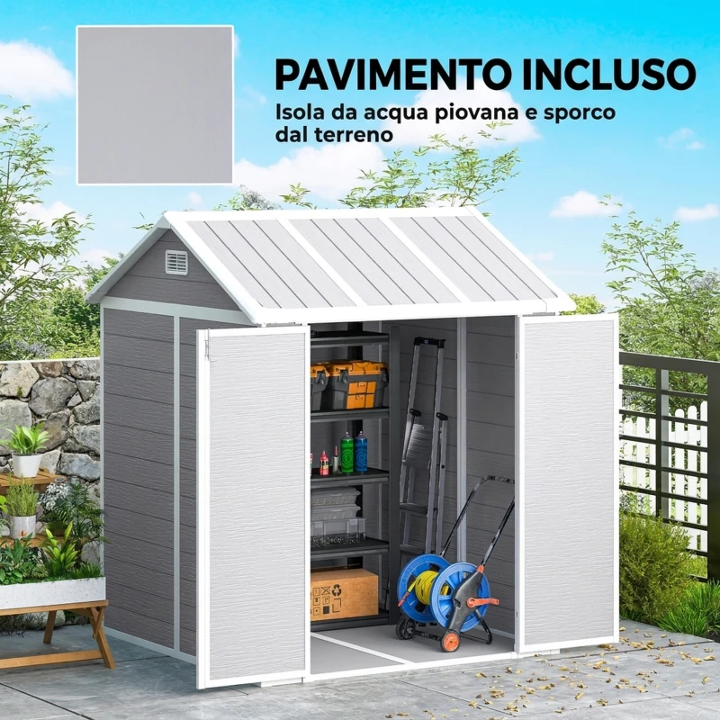 Outsunny Casetta da Giardino in Resina con Pavimento, 2 Porte con Blocco, Finestra, 1.8x1.8m, Grigio