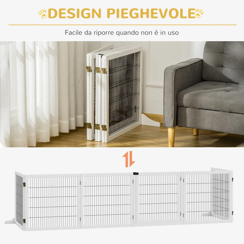 PawHut Cancelletto per Cani di Piccola/Media Taglia a 6 Pannelli Pieghevoli, in Legno e Acciaio, 432x36x70 cm, Bianco