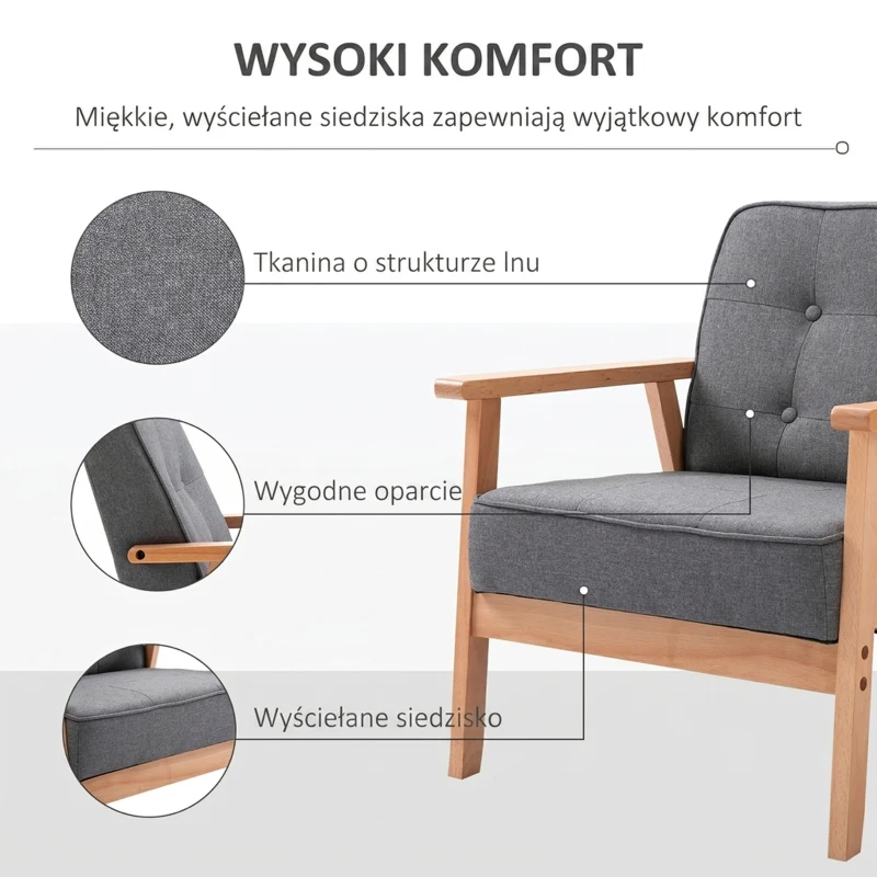 HOMCOM Fotel wypoczynkowy Fotel Lounge Krzesło Tapicerowane Z Podłokietnikami Drewniany Stelaż Len  64,5 X 70 X 70 cm Szary