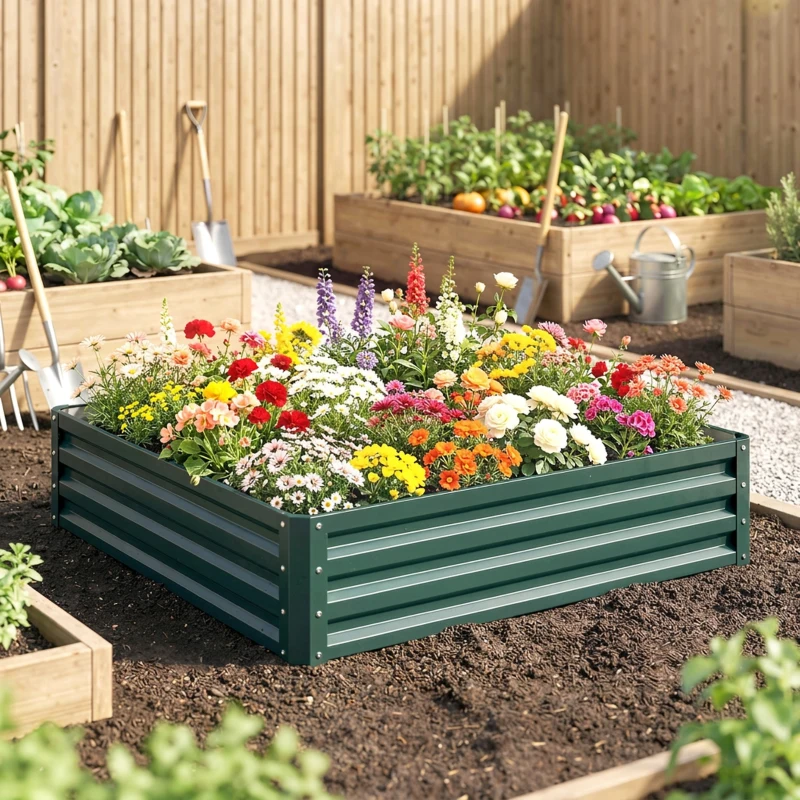 Outsunny Bedplantenbak met Stalen Kast Groen 120 x 120 x 30 cm