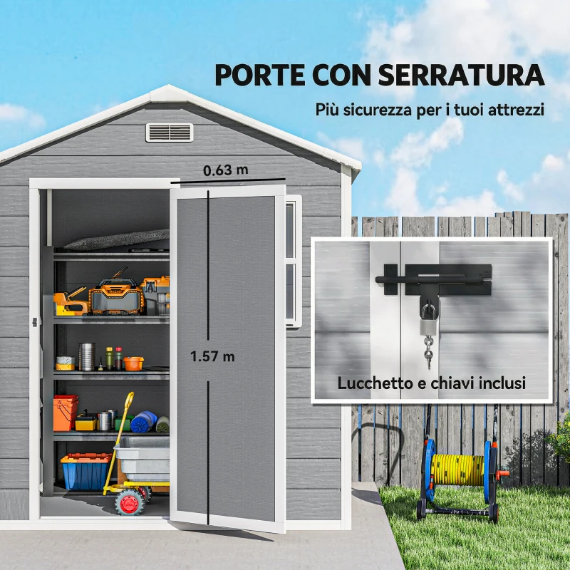 Outsunny Capanno da Giardino, Capanno in Plastica con Pavimento, Finestra, Porta con Serratura e Prese d'Aria, Grigio