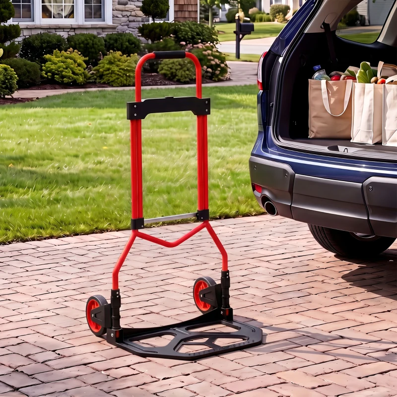 HOMCOM Carrello Portapacchi con Maniglia Telescopica, Carrello Pieghevole, Portata 60kg, Telaio Acciaio, Rosso